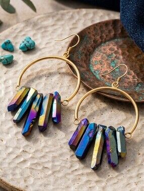 Rainbow Aura Quartz Crystal Point Fringe Gold Brass Boho Chic Hoop Earrings 3.5"